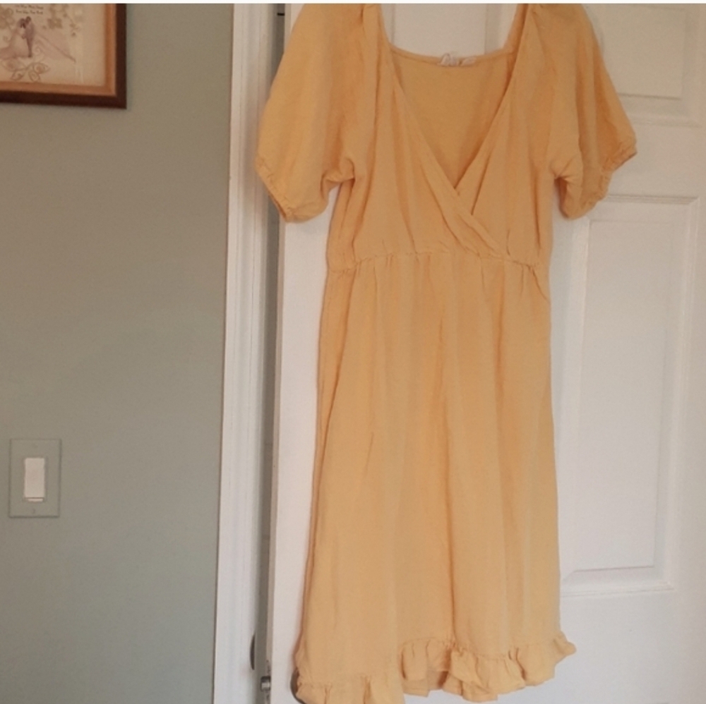 Roxy Yellow Wrap-Style Deep V Neck Ruffle Hem Summer Prairie Midi Dress Sz L